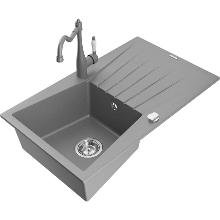 Mexen Cesar granite sink 1-bowl with drainer and kitchen tap Carla, grey - 6514-71-670700-71
