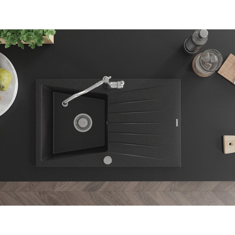 Mexen Cesar Granit-Spülbecken 1-flügelig mit Abtropffläche und Küchenarmatur Carla, schwarz/silber metallic - 6514-73-670700-00