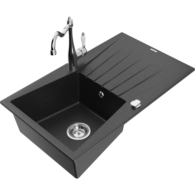 Mexen Cesar granitizlietne ar vienu bļodu ar noteci un virtuvēs jaucējkrānu Carla, melns/sudraba metāliskais