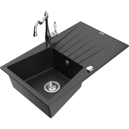 Mexen Cesar granite sink single bowl with drainer and Carla kitchen tap, black/silver metallic - 6514-73-670700-00