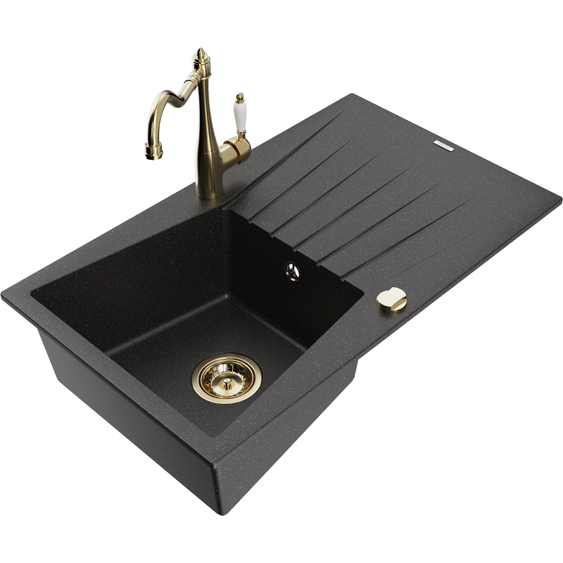 Mexen Cesar granite kitchen sink 1-bowl with drainer and Carla kitchen tap, black/silver metallic - 6514-73-670700-50