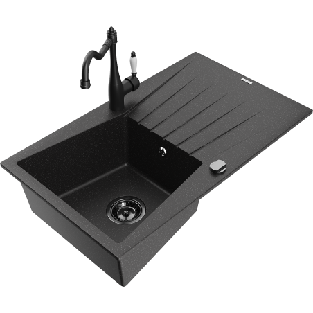 Mexen Cesar 1-bowl granite sink with drainer and Carla kitchen faucet, black/silver metallic - 6514-73-670700-70-B