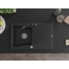 Mexen Cesar fregadero de granito de 1 cubeta con escurridor y grifo de cocina Carla, negro/metalizado plateado