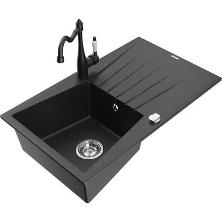 Mexen Cesar 1-bowl granite kitchen sink with drainer and Carla kitchen tap, black/silver metallic - 6514-73-670700-70