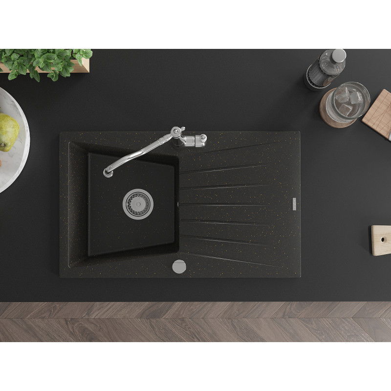 Mexen Cesar Granitspüle 1-beckig mit Abtropffläche und Küchenarmatur Carla, schwarz/gold metallic - 6514-75-670700-00