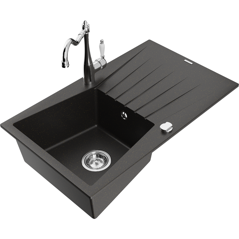 Mexen Cesar fregadero de granito de 1 seno con escurridor y grifo de cocina Carla, negro/dorado metálico - 6514-75-670700-00