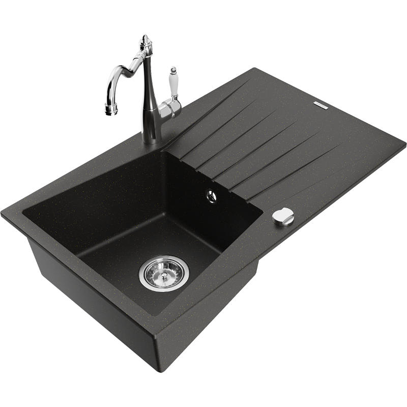 Mexen Cesar granite sink 1-bowl with drainer and Carla kitchen tap, black/gold metallic - 6514-75-670700-00