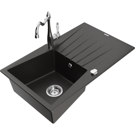 Mexen Cesar granite sink 1-bowl with drainer and Carla kitchen tap, black/gold metallic - 6514-75-670700-00