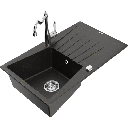 Mexen Cesar granite sink 1-bowl with drainer and kitchen faucet Carla, black/gold metallic - 6514-75-670700-00