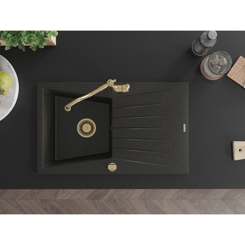 Mexen Cesar granieten spoelbak 1-komer met afdruiprek en keukenmengkraan Carla, zwart/goud metallic - 6514-75-670700-50