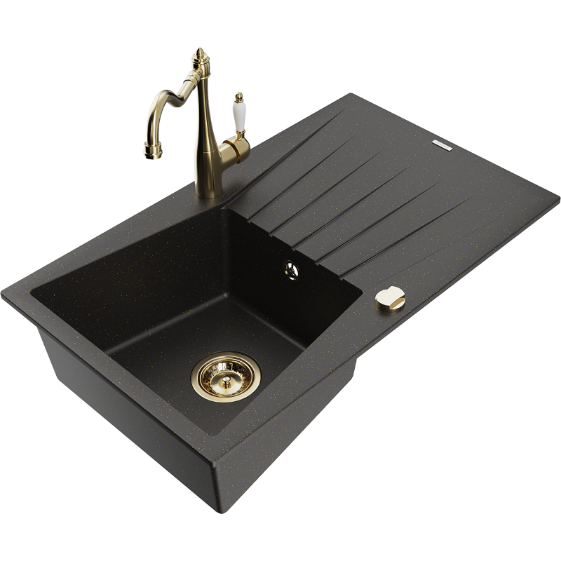 Mexen Cesar granit diskbänk med en ho, avrinningsbricka och köksblandare Carla, svart/guld metallic - 6514-75-670700-50