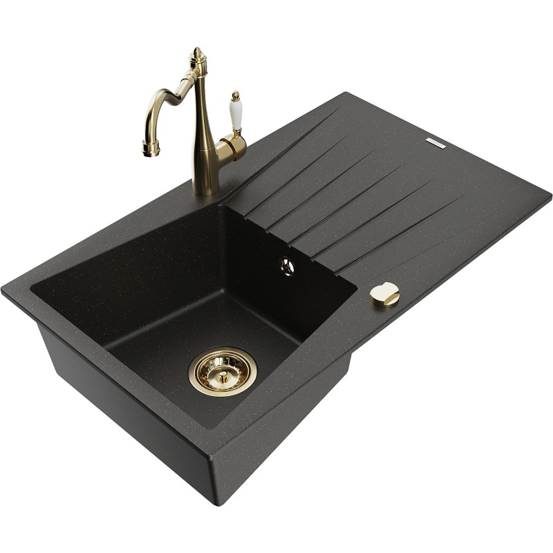 Mexen Cesar Granitspüle 1-Becken mit Abtropffläche und Küchenarmatur Carla, schwarz/gold metallic - 6514-75-670700-50