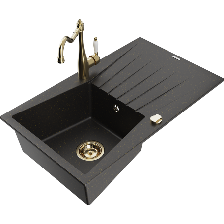 Mexen Cesar granieten spoelbak 1-komer met afdruiprek en keukenmengkraan Carla, zwart/goud metallic - 6514-75-670700-50