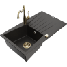 Mexen Cesar granite sink 1-bowl with drainer and Carla kitchen tap, black/gold metallic - 6514-75-670700-50