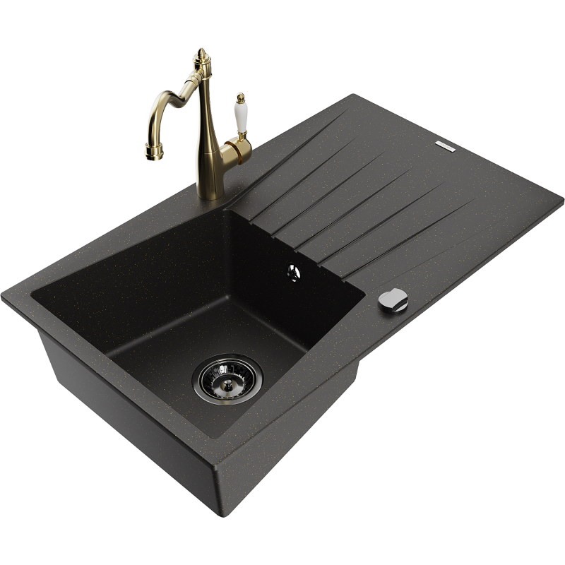 Mexen Cesar fregadero de granito de 1 tazón con escurridor y grifo de cocina Carla, negro/metálico dorado
