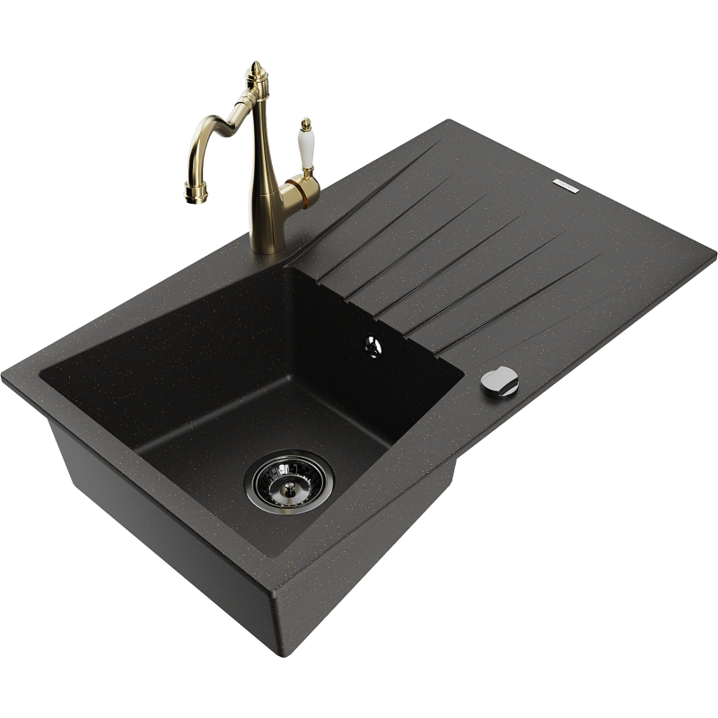 Mexen Cesar lava-louça de granito de 1 cuba com escorredor e torneira de cozinha Carla, preto/dourado metálico