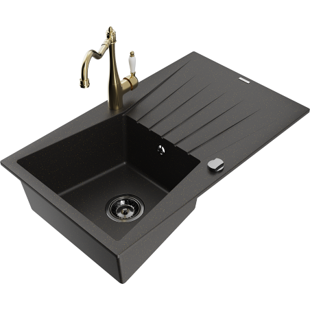 Mexen Cesar fregadero de granito de 1 tazón con escurridor y grifo de cocina Carla, negro/metálico dorado