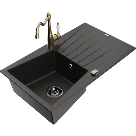 Mexen Cesar Granitspüle 1-beckig mit Abtropffläche und Küchenarmatur Carla, schwarz/gold metallic - 6514-75-670700-50-B