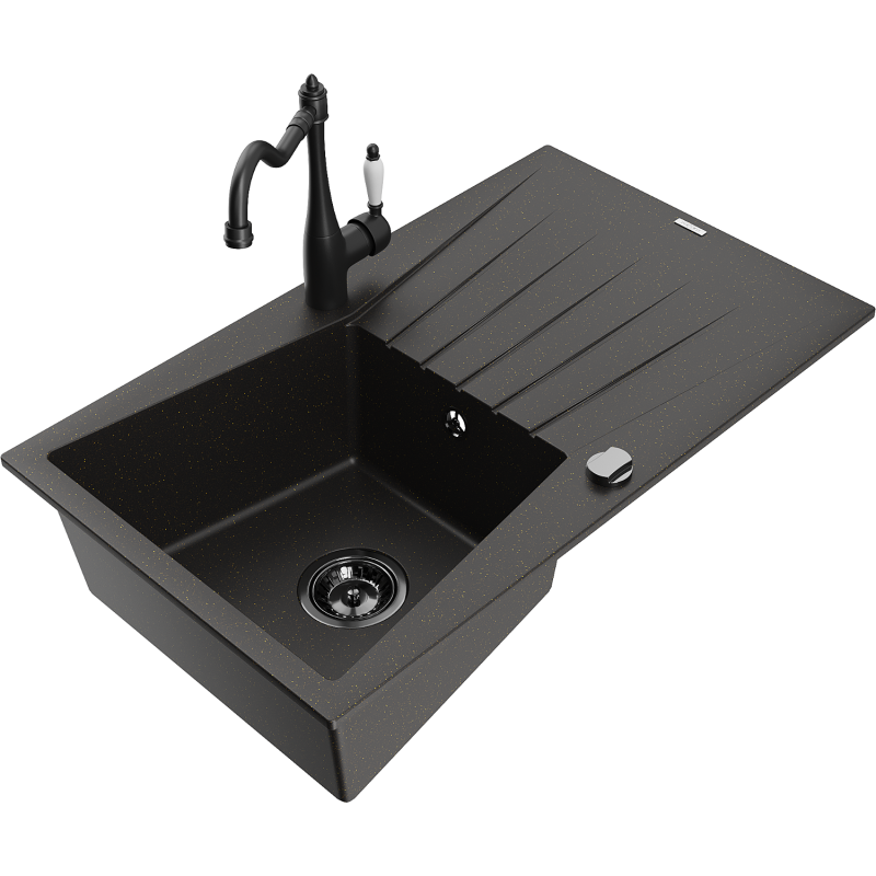 Mexen Cesar granitdiskbänk med 1 ho, avrinningsyta och köksblandare Carla, svart/guldmetallik - 6514-75-670700-70-B