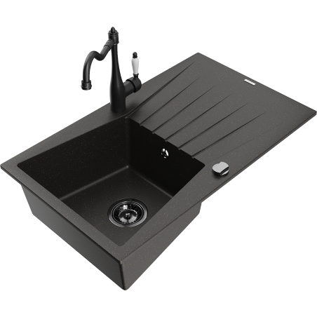 Mexen Cesar 1-Bowl Granite Kitchen Sink with Drainer and Carla Tap, Black/Gold Metallic - 6514-75-670700-70-B