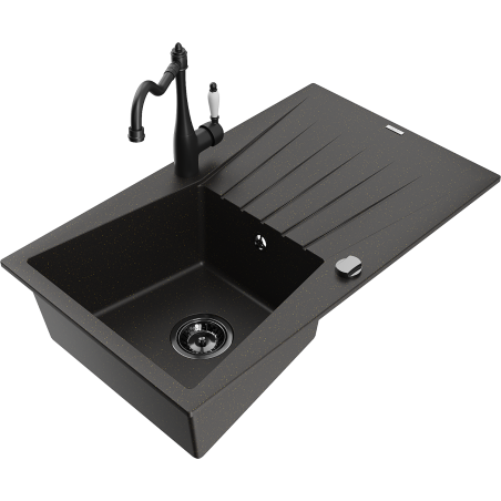 Mexen Cesar granit izlietne ar vienu nodalījumu, noteku un virtuves maisītāju Carla, melns/zelta metalik