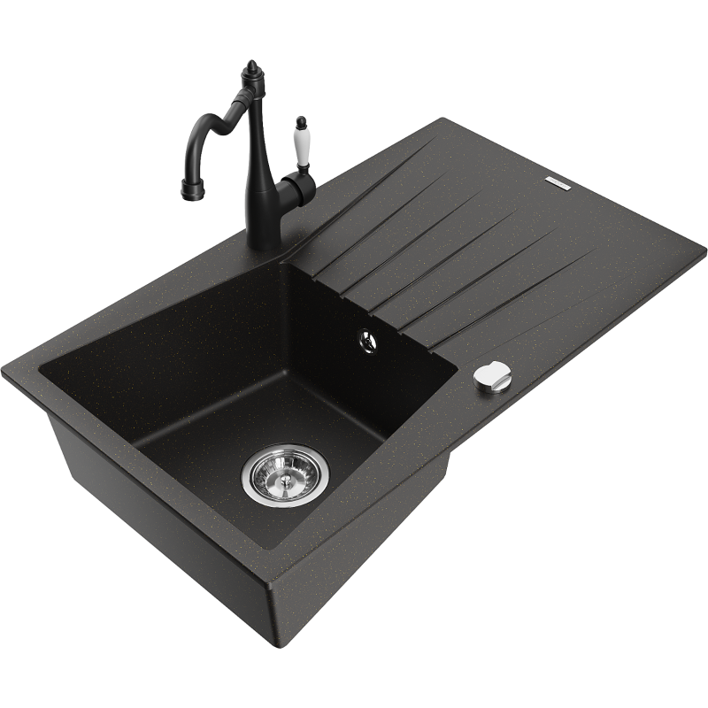 Mexen Cesar granite kitchen sink 1-bowl with drainer and Carla kitchen tap, black/gold metallic - 6514-75-670700-70