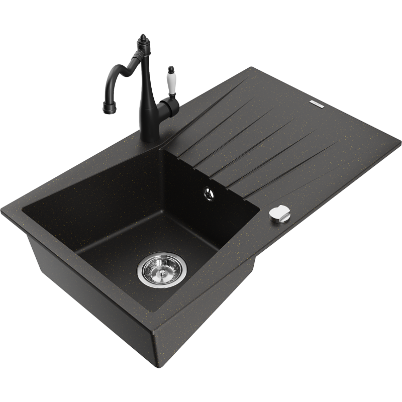 Mexen Cesar lava-louça em granito de 1-cuba com escorredor e torneira de cozinha Carla, preto/ouro metálico