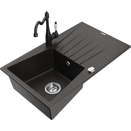 Mexen Cesar granite kitchen sink 1-bowl with drainer and Carla kitchen tap, black/gold metallic - 6514-75-670700-70