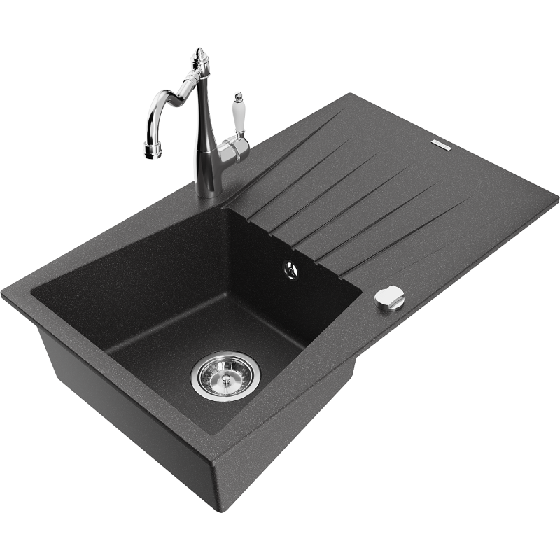 Mexen Cesar Granīta virtuves izlietne ar vienu kameru, notecējumu un Carla virtuves jaucējkrānu, melna ar plankumiem