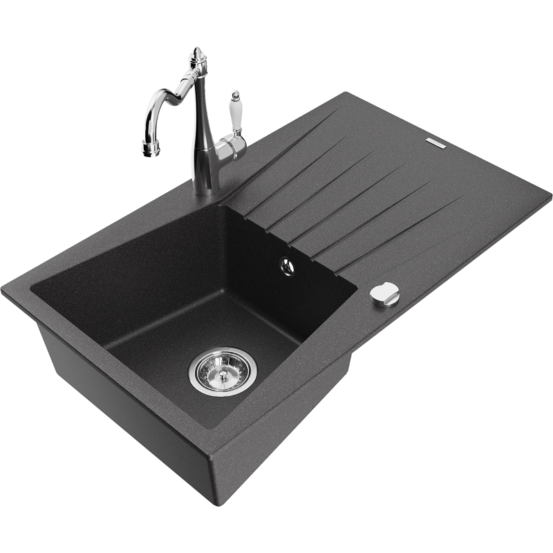 Mexen Cesar granite kitchen sink 1-bowl with drainer and kitchen tap Carla, black speckled - 6514-76-670700-00