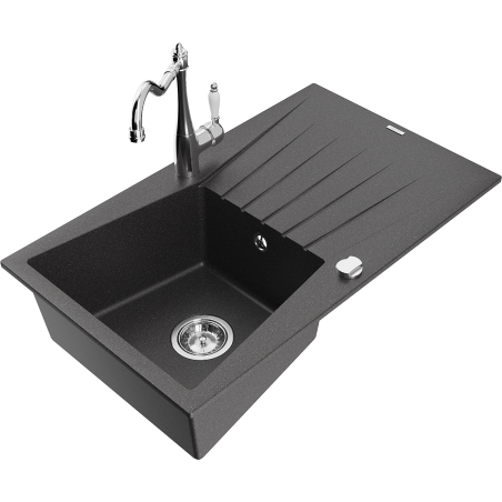 Mexen Cesar granite kitchen sink 1-bowl with drainer and kitchen tap Carla, black speckled - 6514-76-670700-00