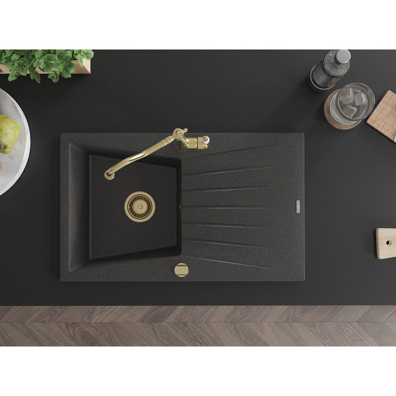 Mexen Cesar granite sink 1-bowl with drainer and Carla kitchen tap, black speckled - 6514-76-670700-50
