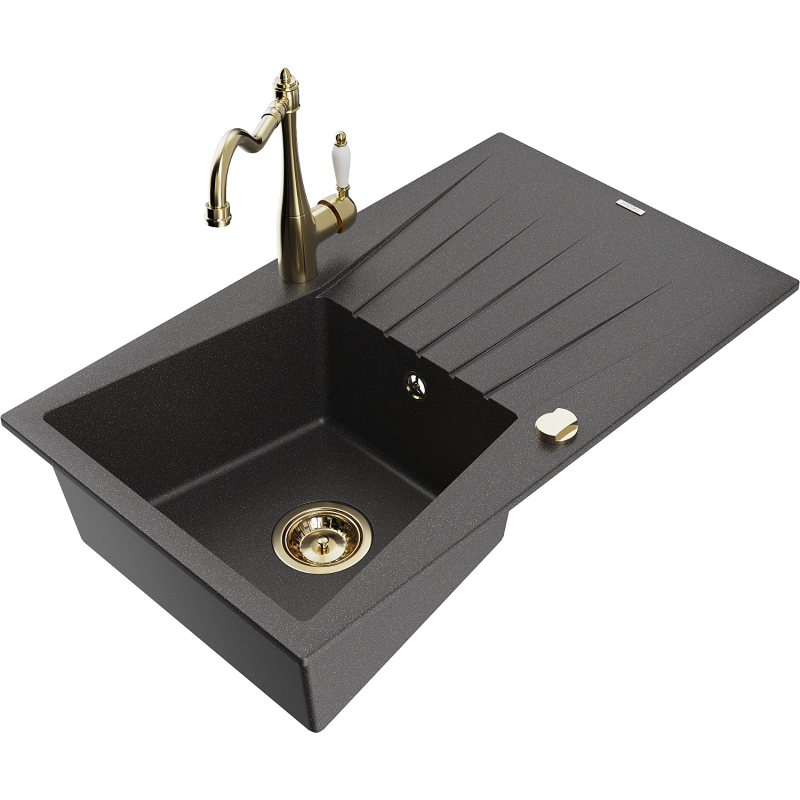 Mexen Cesar granite sink 1-bowl with drainer and Carla kitchen tap, black speckled - 6514-76-670700-50