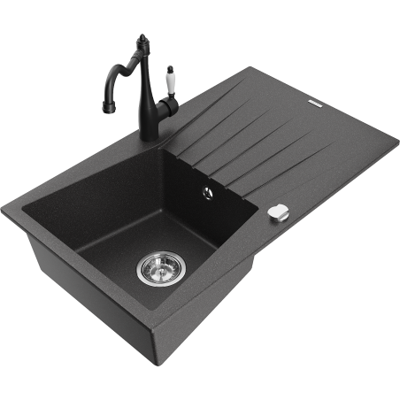 Mexen Cesar granite sink 1-bowl with drainer and Carla kitchen tap, black speckled - 6514-76-670700-70