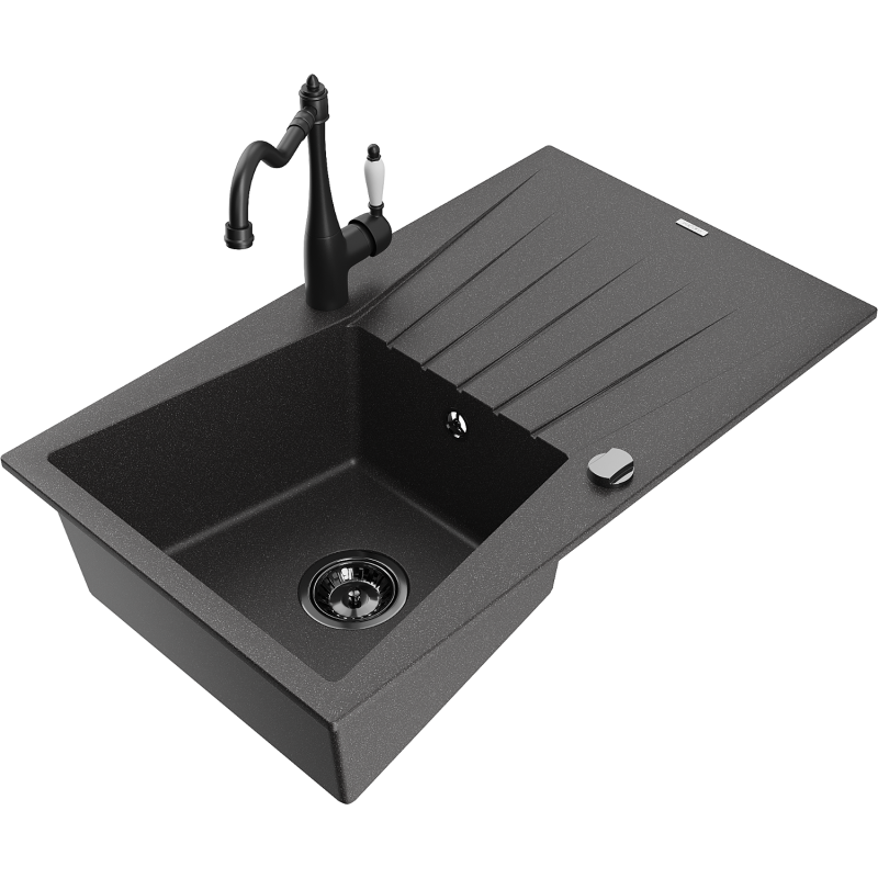Mexen Cesar granieten gootsteen 1-kompartment met afdruiprek en keukenkraan Carla, zwart gespikkeld - 6514-76-670700-70-B
