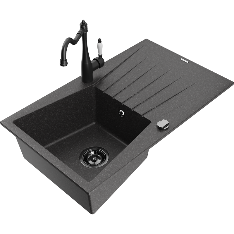 Mexen Cesar granite sink, 1-bowl with drainer and Carla kitchen tap, black speckled - 6514-76-670700-70-B