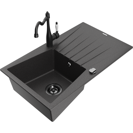 Mexen Cesar fregadero de granito de 1 cubeta con escurridor y grifo de cocina Carla, negro moteado - 6514-76-670700-70-B