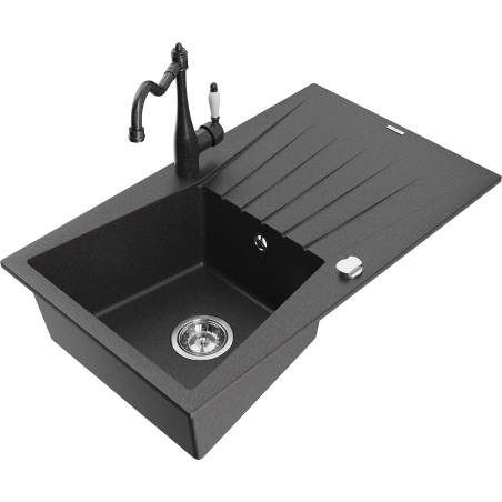 Mexen Cesar granite sink 1-bowl with drainer and Carla kitchen tap, black speckled - 6514-76-670700-76