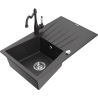 Mexen Cesar granite sink 1-bowl with drainer and Carla kitchen tap, black speckled - 6514-76-670700-76