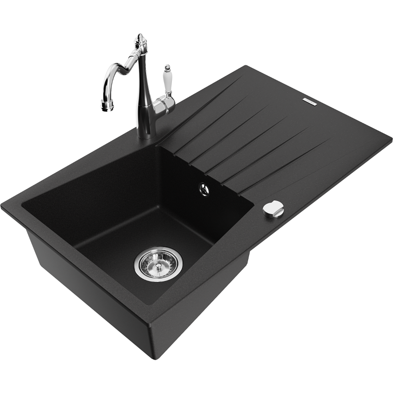 Mexen Cesar évier de cuisine en granit 1 bac avec égouttoir et robinet de cuisine Carla, noir - 6514-77-670700-00