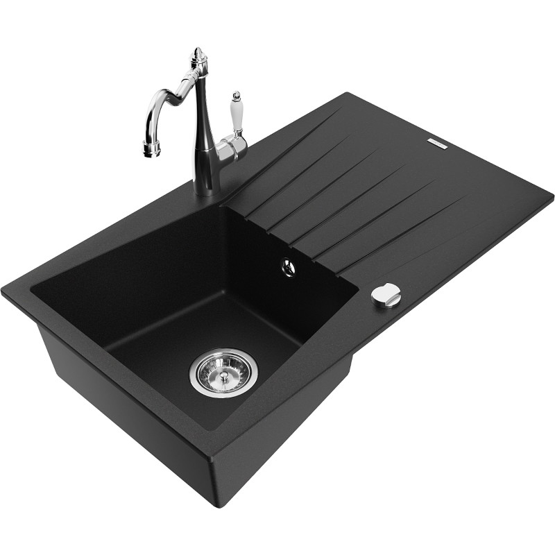 Mexen Cesar fregadero de granito de 1 cubeta con escurridor y grifo de cocina Carla, negro - 6514-77-670700-00