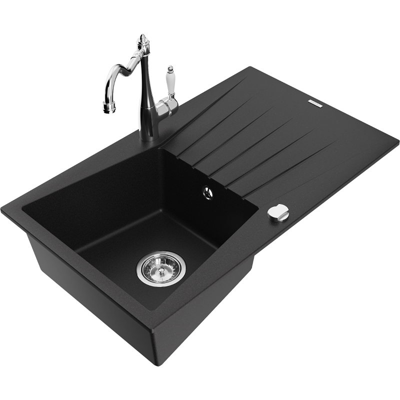 Mexen Cesar granite sink 1-bowl with drainer and Carla kitchen tap, black - 6514-77-670700-00
