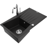 Mexen Cesar granite sink 1-bowl with drainer and Carla kitchen tap, black - 6514-77-670700-00