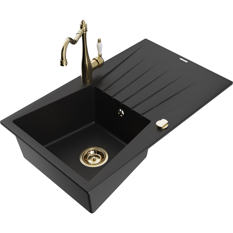Mexen Cesar granieten spoelbak 1-kommer met afdruiprek en keukenkraan Carla, zwart - 6514-77-670700-50