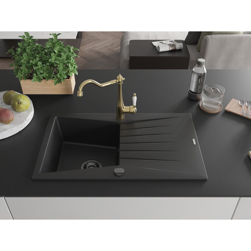 Mexen Cesar granite sink single-bowl with drainer and Carla kitchen tap, black - 6514-77-670700-50-B