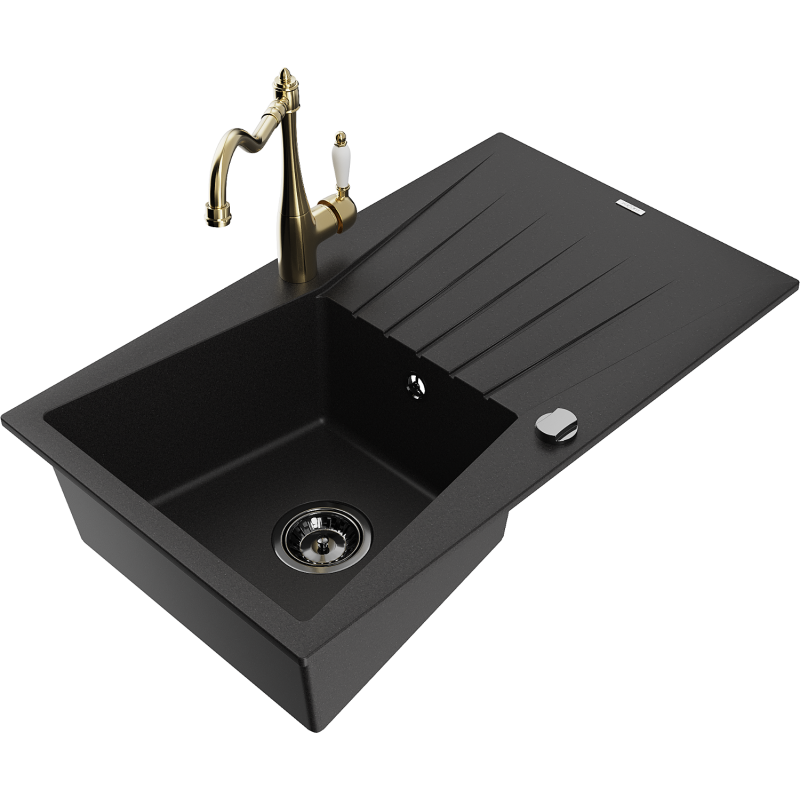 Mexen Cesar granite sink single-bowl with drainer and Carla kitchen tap, black - 6514-77-670700-50-B