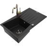 Mexen Cesar granite sink single-bowl with drainer and Carla kitchen tap, black - 6514-77-670700-50-B