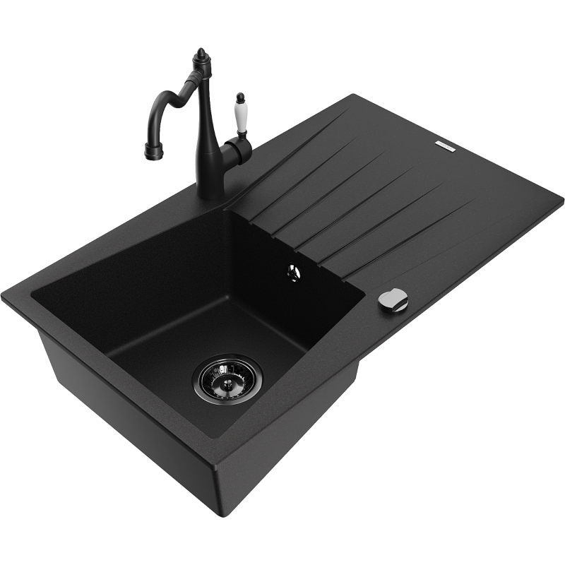 Mexen Cesar granitā izlietne ar 1 nodalījumu, notekas un virtuves jaucējkrānu Carla, melns - 6514-77-670700-70-B