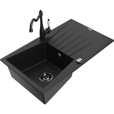 Mexen Cesar granite sink, single bowl with drainer and Carla kitchen tap, black - 6514-77-670700-70-B