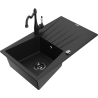 Mexen Cesar granite sink, single bowl with drainer and Carla kitchen tap, black - 6514-77-670700-70-B